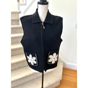 Vintage Black Boiled Wool Embroidered Snowflake Pocket Vest